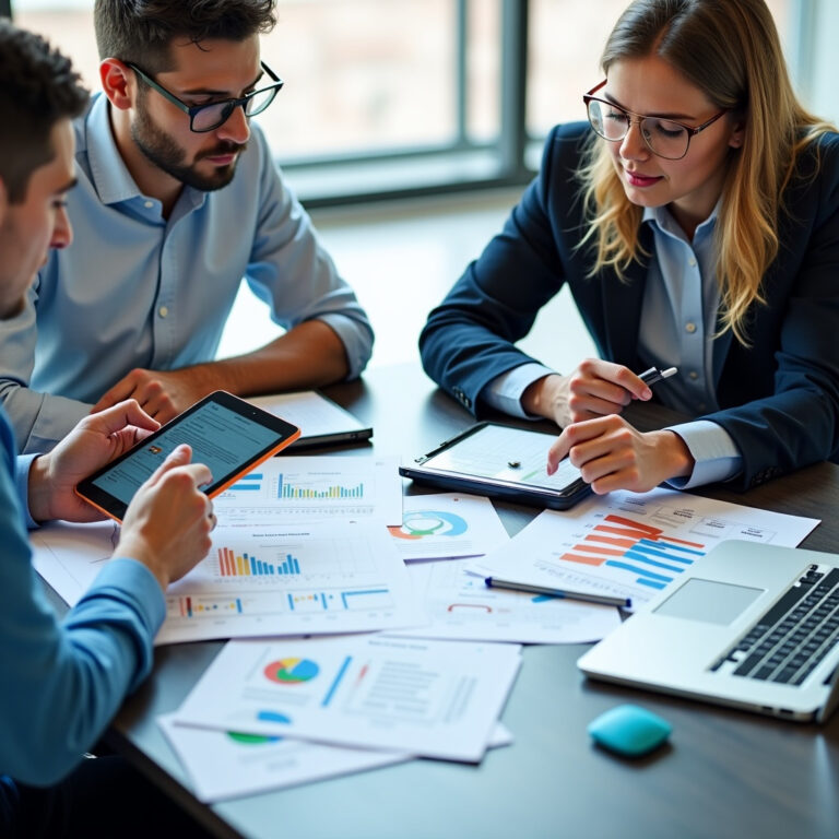 three persons working at a table looking at various graphs