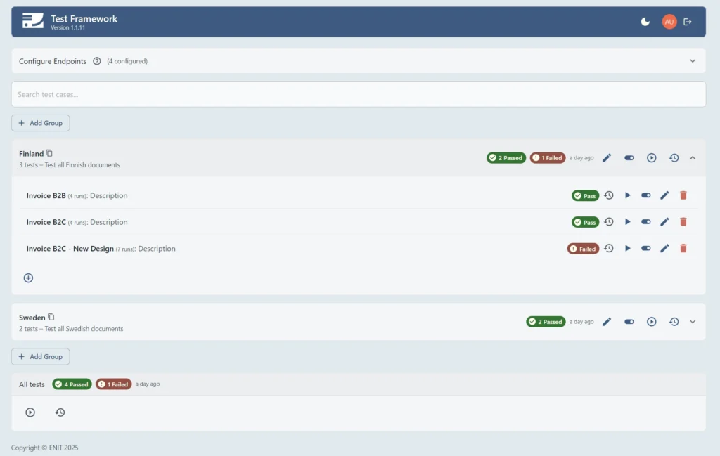 ENIT Test Framework-panel som visar automatiserade CCM-testresultat