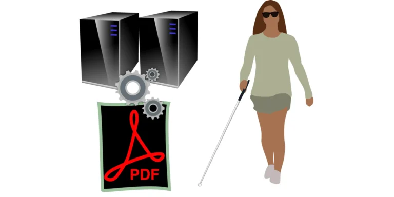 systemgenererade PDF-filer – bild på en server, PDF-logotyp och en synskadad person med käpp